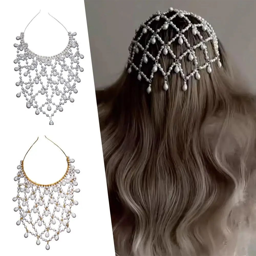 

Elegant Pearls Beaded Headpiece Wedding Costume Dress Up Hairbands Mesh Faux Pearl Hair Hoop Hair Accessories Vintage Headwear