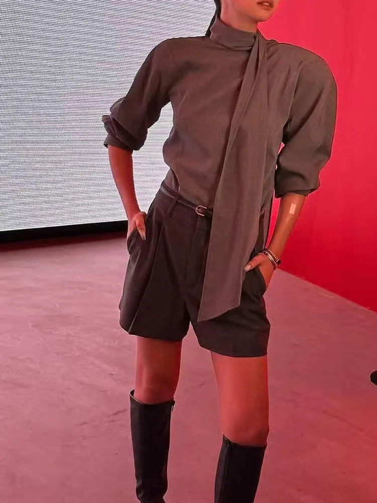 

A stylish grey long-sleeved shirt with a unique and slimming design for the autumn of 2025, featuring a flowing ribbon top