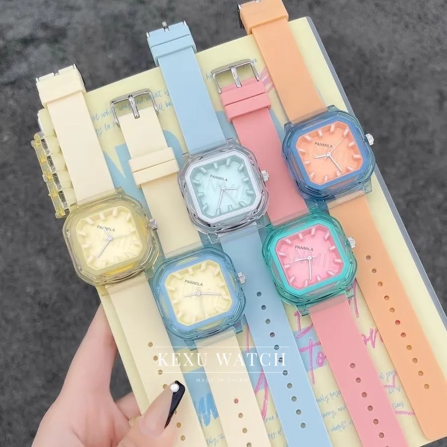 PANMILA Candy Color Rubber Strap Transparent Square Dial Women's Quartz Watch