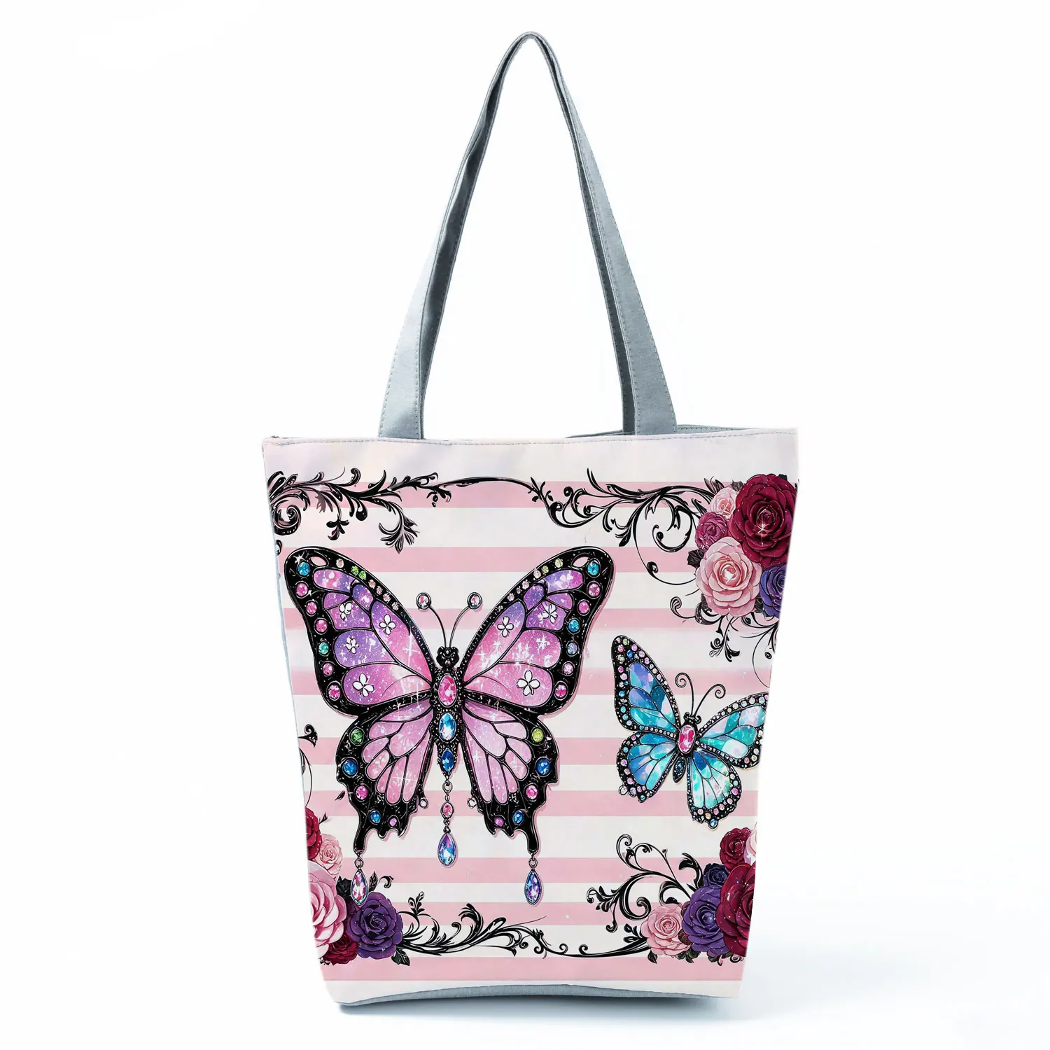 Jeweled Butterflies Roses Printed Women Handbag Travel Beach Bag Daily Shoulder Bag Eco Shopper Bag Large Capacity Tote Bolso