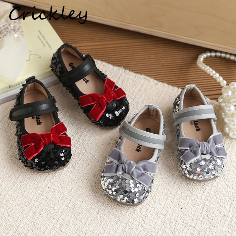

Bow Bling Kids Princess Shoes Spring Autumn Shallow Toddler Girls Flats Shoes PU Soft Bottom Non Slip Children Party Shoes