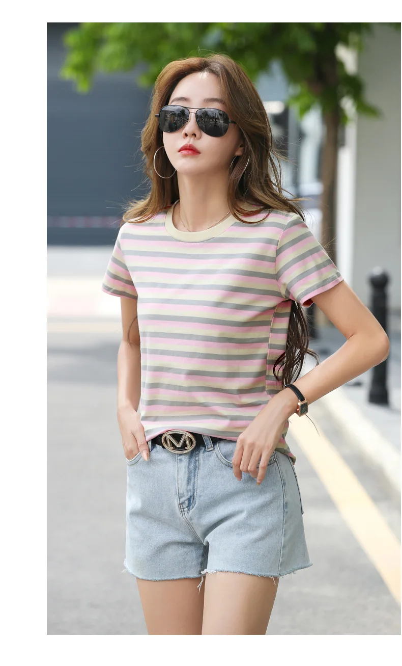 Damen Sommer T-Shirt mit Streifenmuster, kurze Ärmel, neu, schlankmachend, lockere Passform, halblange Ärmel, lässiges Basic-Oberteil – Detail 24