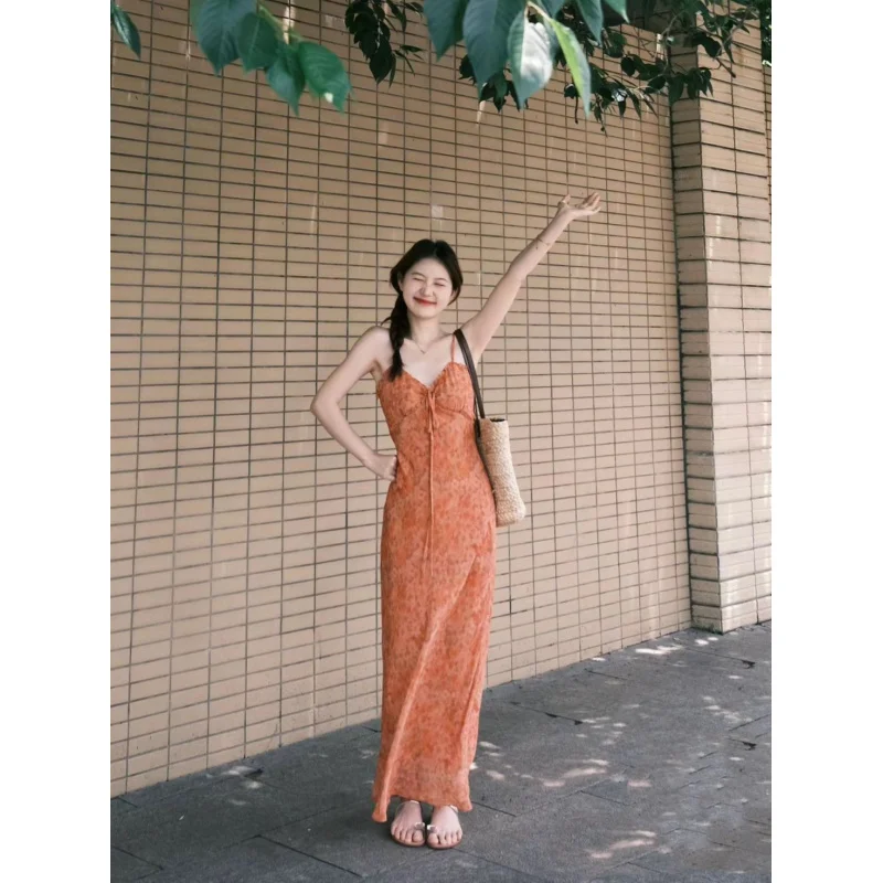 

Orange Floral Print V Collared Strap Dress, Waist-Cinching, Slimming, Elegant Long French Style, Seaside Vacation Summer Dress