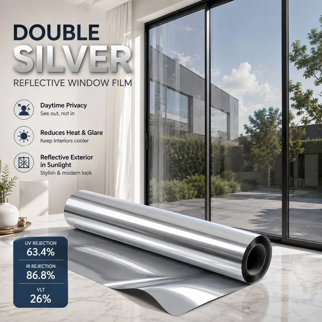 One Way Mirror Privacy Window Film Roll Static Cling Removable Heat Block UV Block for Home Car Office Door