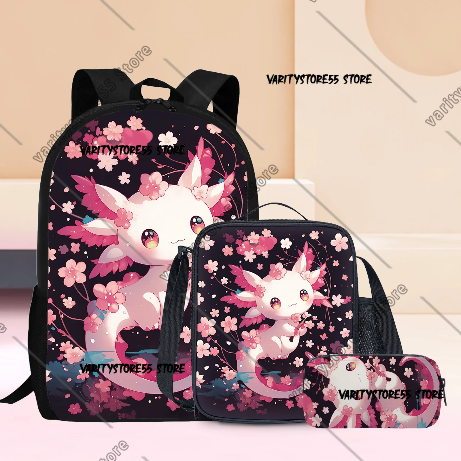 

Рюкзак Pink Cherry Axolotl для школьников (мальчиков и девочек), сумка для ноутбука, наплечная сумка, 3 предмета: термосумка для обедов, пенал