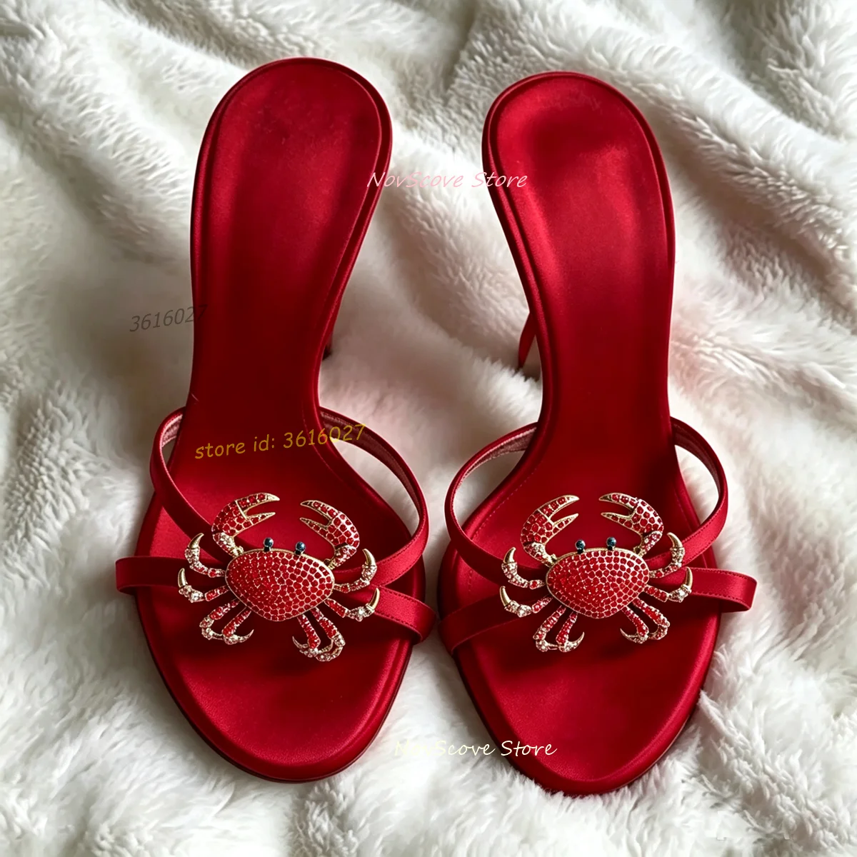 Red Satin Slippers Open Toe Rhinestone Crab Decor Strappy Sandals Slip On Stiletto High Heels Summer Sexy Women Party Shoes