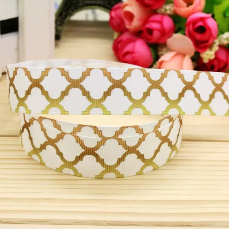 DHK 7/8'' 5yards gold color Quatrefoil printed grosgrain ribbon headwear hairbow diy party decoration OEM Wholesale 22mm E973