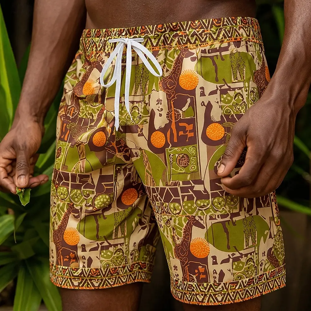 

Men's Vintage Giraffe Geometric Ethnic Shorts Mid Waist Drawstring Waist Side Pockets Hawaiian Beach Vacation Daily Wear Summer