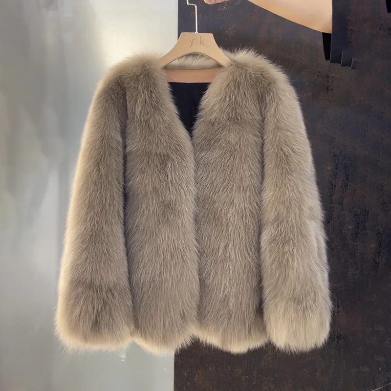 

Faux Fox Fur Coats Women Mid Length Fur Jackets Solid V Neck Long Sleeves Open Stitch Thick Warm Fur Loose 2025 Autumn Winter