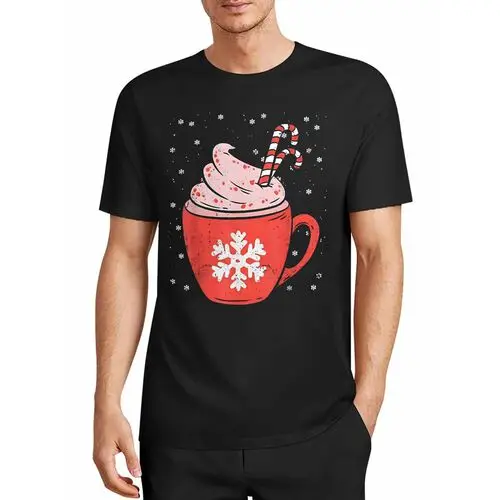 Christmas Snowflake Red Cup Hot Cocoa Candy Cane Cartoon Print Black T-Shirt