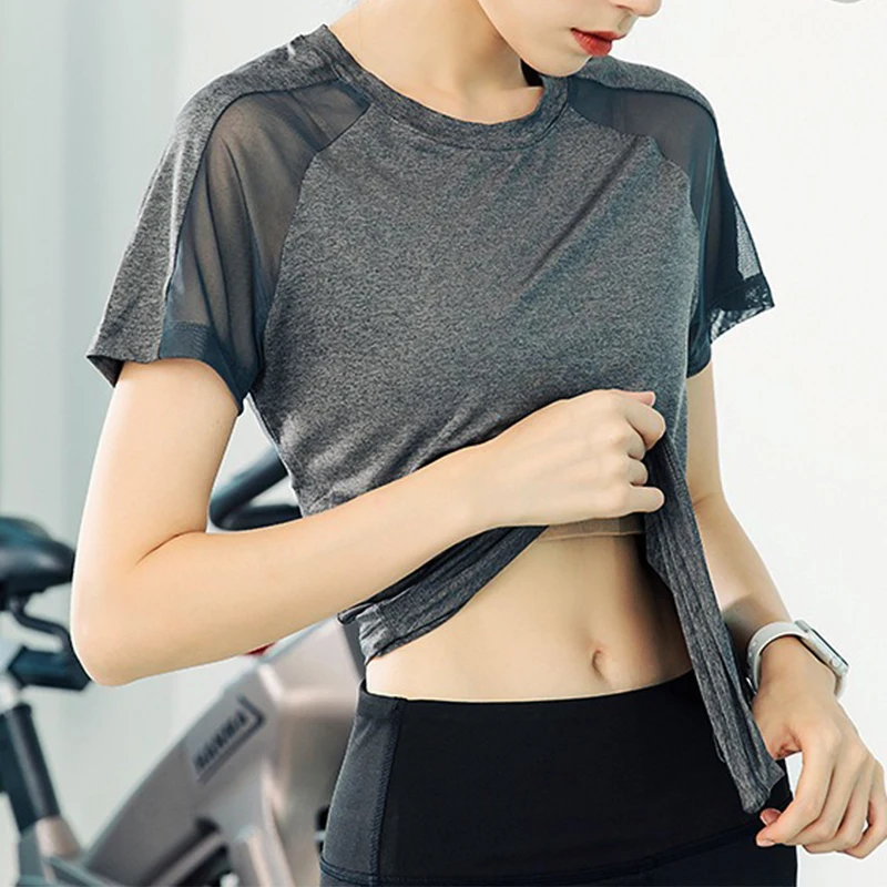 PofyBofy Mesh Splicing Crew Neck Slimming Fit Elastic Breathable Short Sleeve Yoga Shirt Women Fitness Pilates Running Sportwear