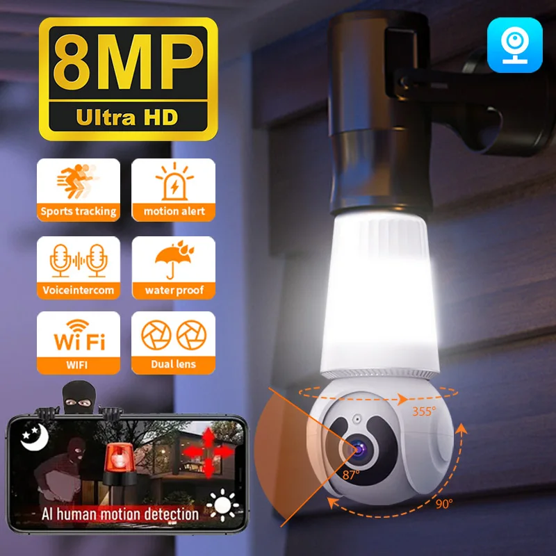 Telecamera di sorveglianza con lampadina E27 Wifi da 8 MP Visione notturna a colori wireless Monitoraggio umano automatico Sicurezza Baby Monitor Telecamera IP CCTV