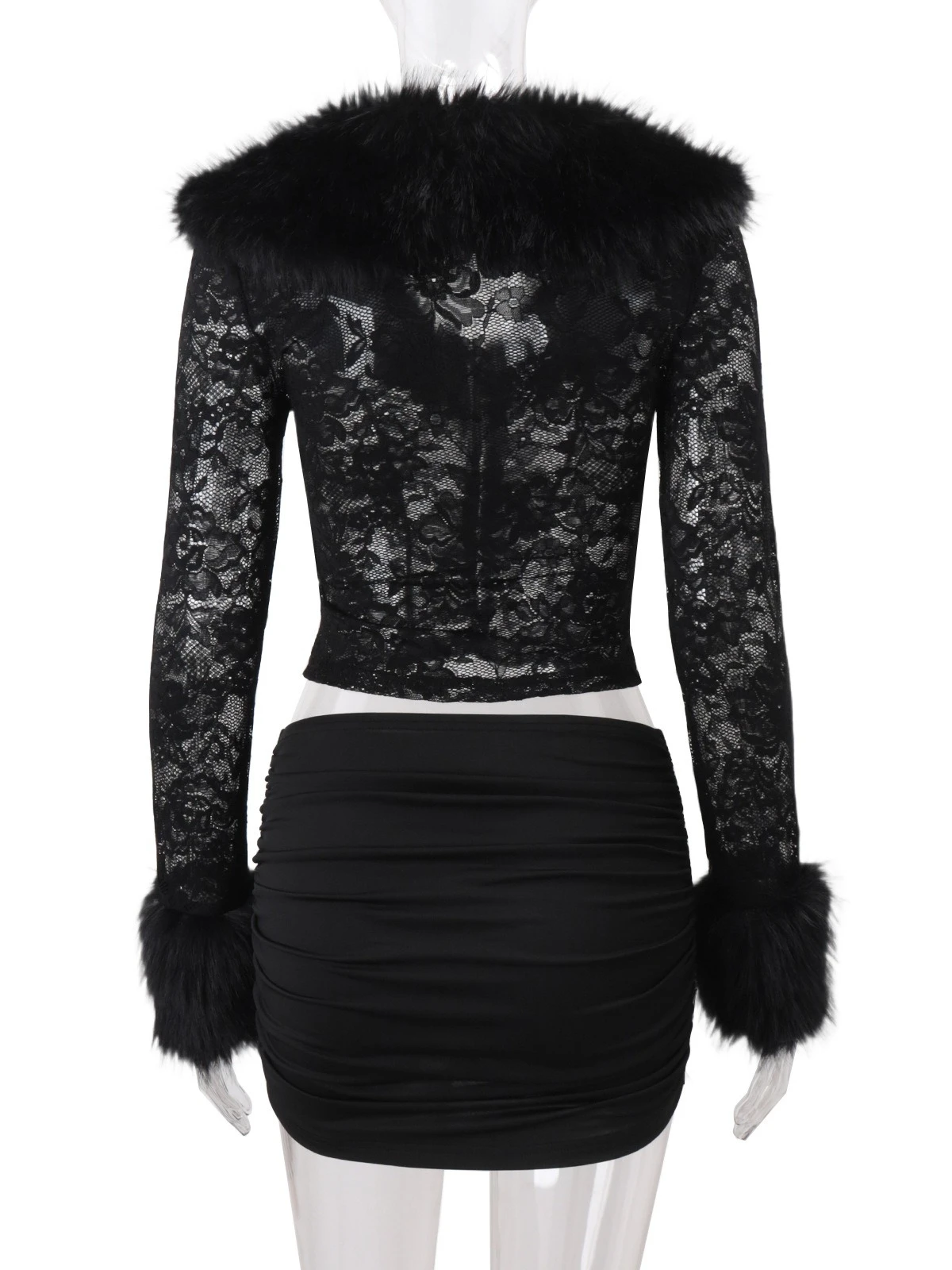 SsTss المرأة 2 قطعة مجموعة أنيقة فو الفراء المرقعة الخامس الرقبة طويلة الأكمام الأزهار الدانتيل المحاصيل الأعلى وتنورة قلم رصاص صغيرة الدعاوى الزي #6