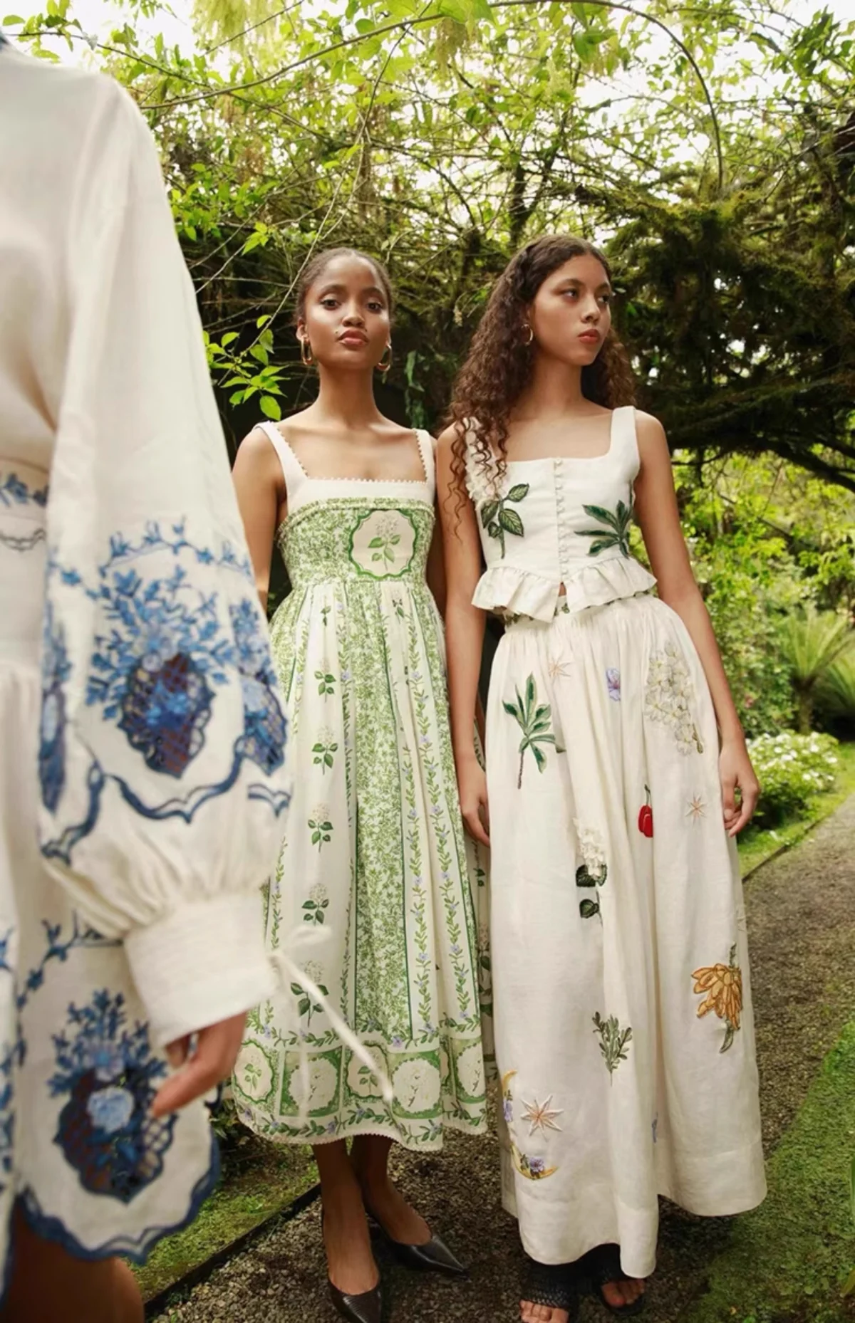 

Green Flower Print Women Midi Robe Pearl Beaded Square Collar High Waist Sleeveless Holiday Female Cotton Dress