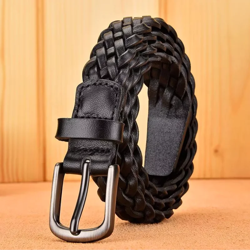 2023 Women Casual Luxury New Style Width 2.5cm  Woven Belt Needle Buckle Real Leather Head Layer Cowhide Handmade Decorative
