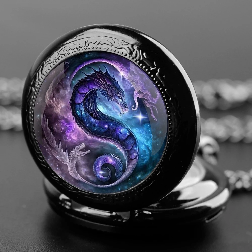 Reloj de bolsillo de cuarzo para hombre y mujer, pulsera con diseño de dragón púrpura, cúpula de cristal, cadena duradera, esfera de números árabes, regalos creativos