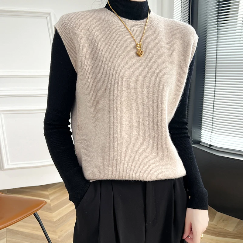 Женский мягкий 100% мериносовая шерсть, модный однотонный вязаный жилет с круглым вырезом, свитер без рукавов, мягкий пуловер, кашемировый базовый топ