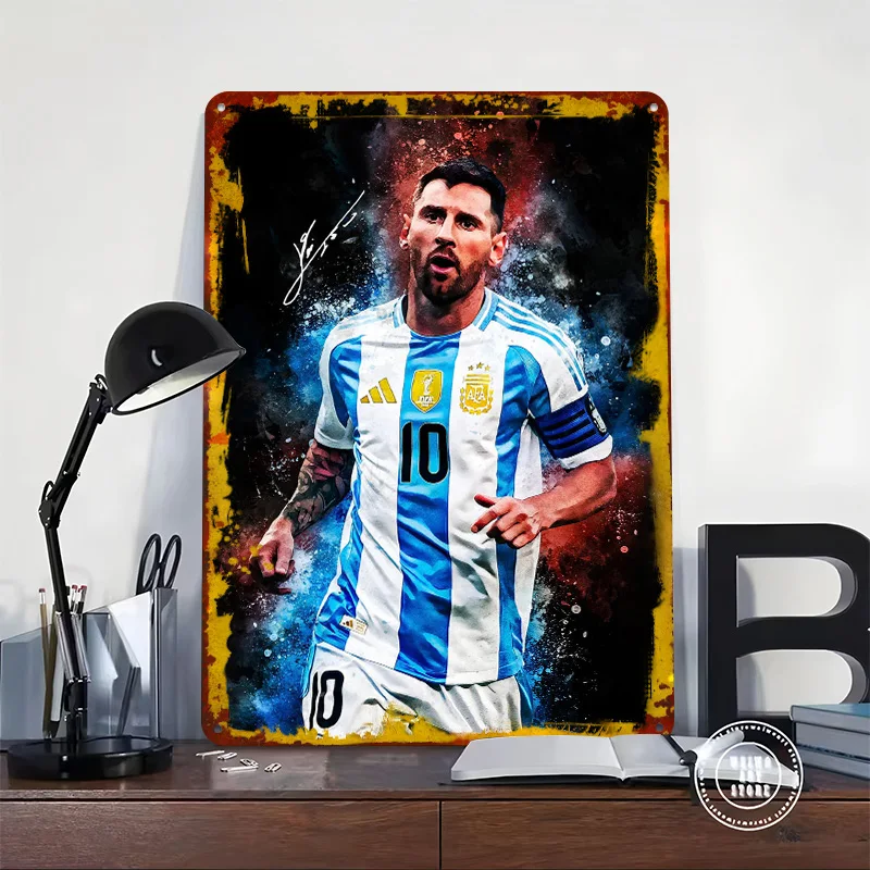 Lionel Messi Portrait With Signature Printing Poster Customized Retro Wall Art Vintage Metal Signs for Fans Mancave Decoration
