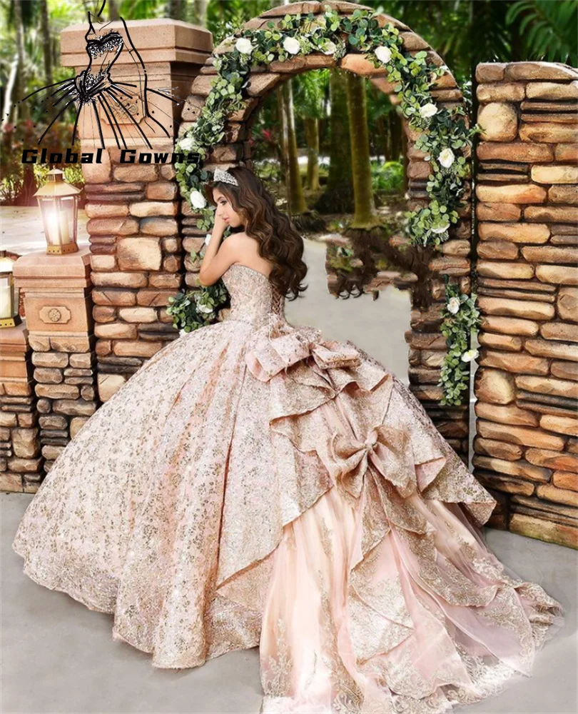 

Charming Sweetheart Ball Gown Quinceanera Dresses For Girls Sparkly Beaded Birthday Party Gowns Lace Up Back Bow Graduation Prom