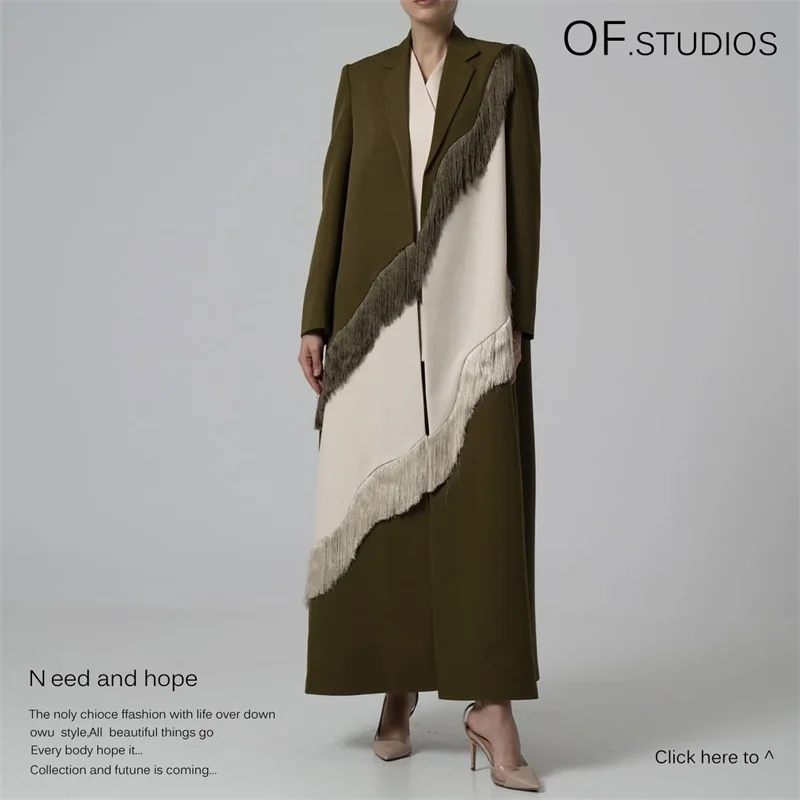 

Heavy Industry Tassel Splicing Women Overcoat Notched Lapel Tight-fitting Jacket Olive Drab Long Coat 2025 New Arrival IN Stock