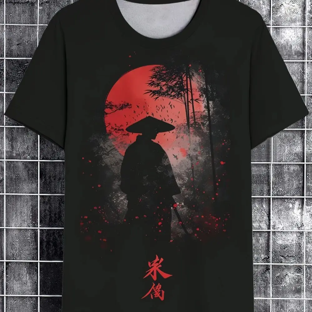 

Men's 3D Digital Printing Samurai Ink Painting Pattern Print T-shirt Short-sleeved Crew Neck T-shirt Summer Outdoor Streetwear