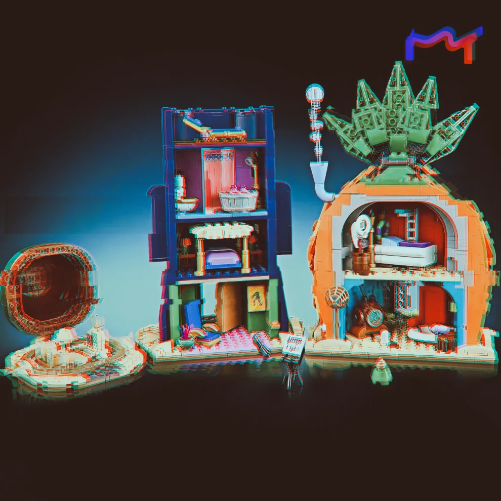 1794pcs Underwater Town Scene Pineapple  Stone House Blue Multilayer Apartment House Building Block Model Toy For Ornament Gifts