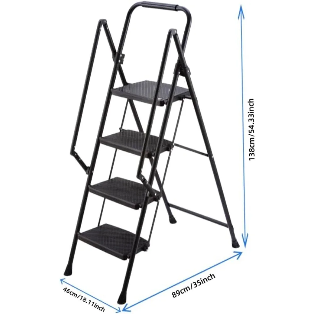 Folding 4-Step Steel Ladder with Handrails, Wide Pedals, 500lbs Capacity for Household Use, Durable and Sturdy Step Stool