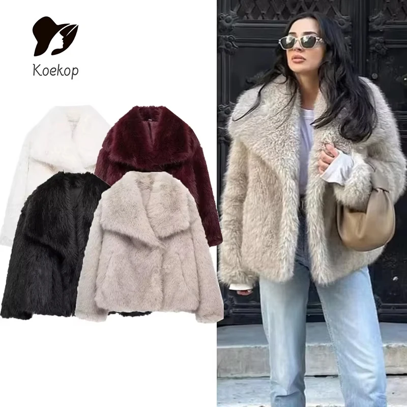 Koekop Women's Jacket New in Outerwears White Red Gray Black Wool Blends Coats Woman Autumn Winter Faux Fur Coat Plush Fluffy