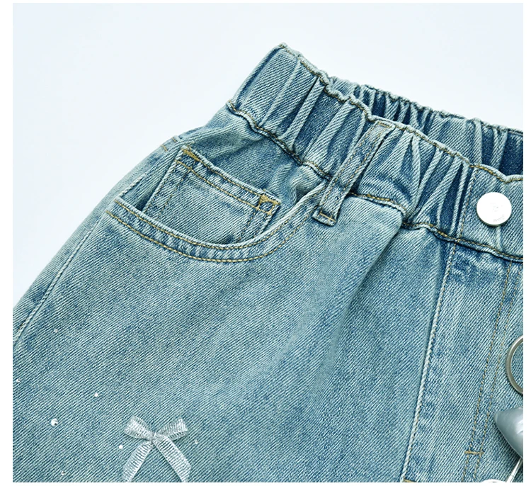 Neue Modische Kinder-Knielange Jeans-Shorts mit Schleife und Strass für Teenager-Mädchen, Lässige Capri-Jeans mit Schleife – Detail 13