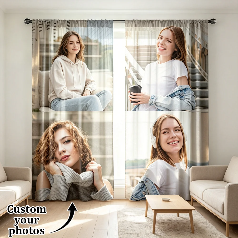 2PCS Customizable Multi-Image Collage Window Curtains, Custom Photo Print Rod Pocket Curtain Drapes Household Window Decor