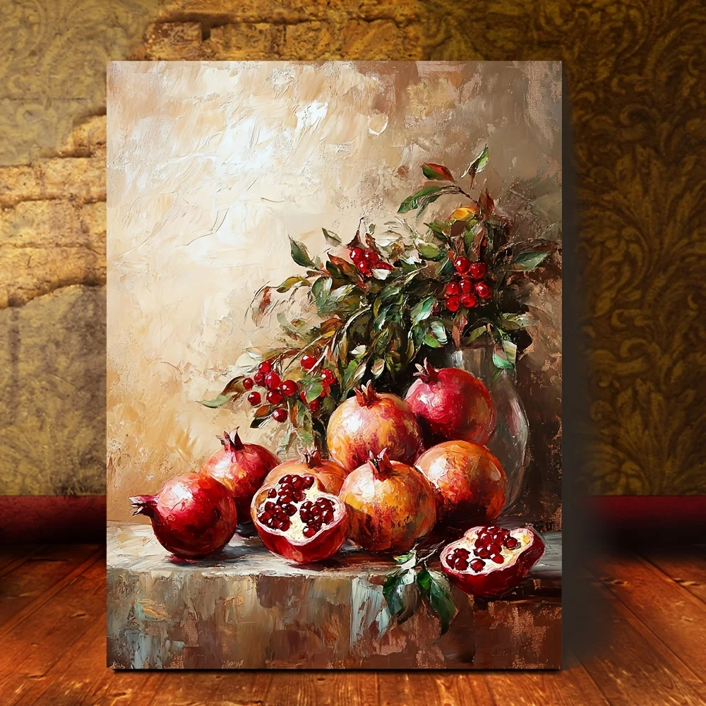 2D Flat, 2D Flat, 1pc Rustic Farmhouse Wooden Framed Canvas Wall Art Featuring Vibrant Red Pomegranates And Green Leaves in a