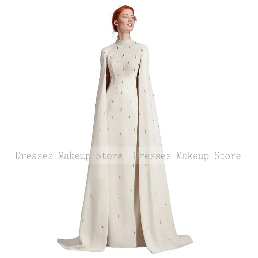 Luxury Formal Evening Dress Ivory Cape A Line High Collar Beading Wedding Party Dresses Long Elegant Women\'s Evening Gowns 2024