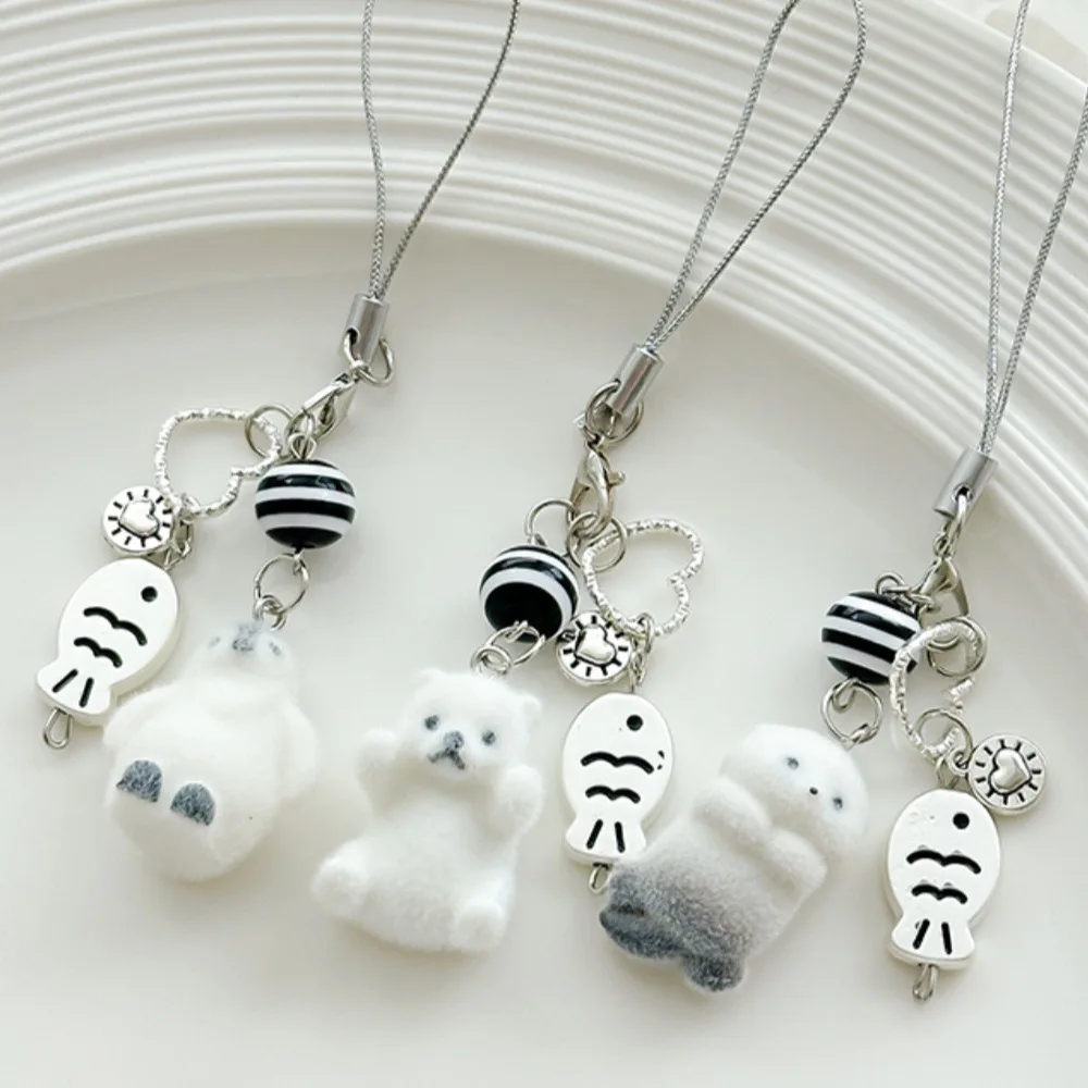 Cute Flocking Penguin Bear Small Pendant Keychain Sea Otter Keyring Bag Earphone Decoration Phone Chain Lanyard Accessories Gift