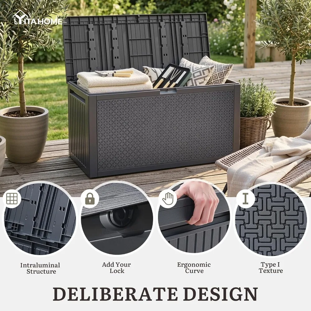 95 Gallon Outdoor Storage Deck Box, Waterproof Resin, Lockable & UV Resistant, with Handles for Patio Furniture Garden Tools, Dark Gray view 3