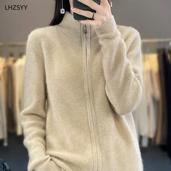 LHZSYY Autumn Winter New 100%Pure Wool Zipper Cardigan Ladies Stand Collar Knit Jacket Loose Top Warm Cashmere Sweater WomenCoat