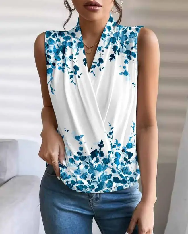 

Women's sleeveless casual style 2024 printed pleated V-neck sleeveless wrap top