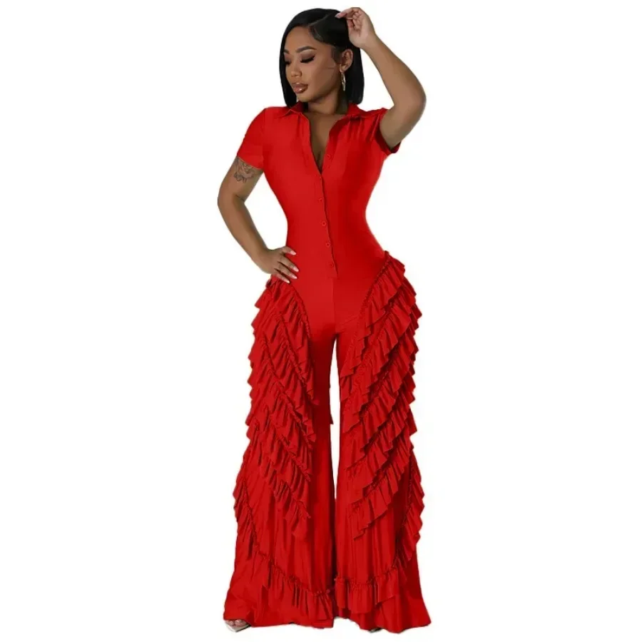 Women Solid Cascading Ruffles Summer Jumpsuit Women Short Sleeve Single Breasted Shirts Wide Leg Pants One Piece Overalls Romper