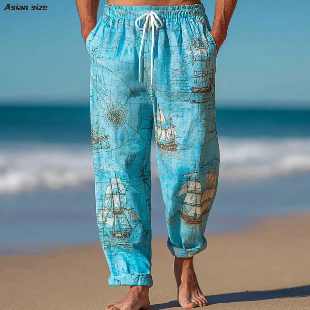 

Men's Nautical Compass Sailboat Trousers Baggy Pants Casual Pant Mid Waist Vintage Vacation Beach Wear Elastic Drawstring Waist
