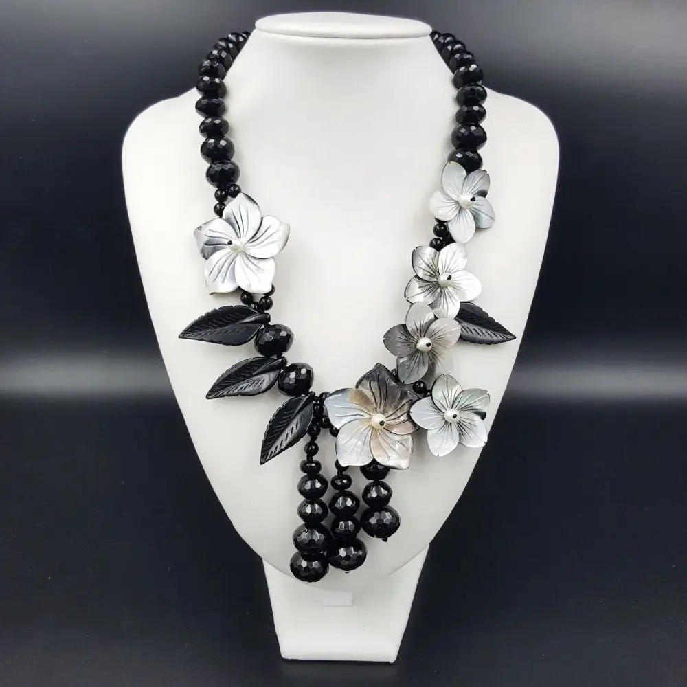 

NEW Natural Stone Black Quartz stone ,Freshwater Pearl Shell Flowers Necklace 20inch