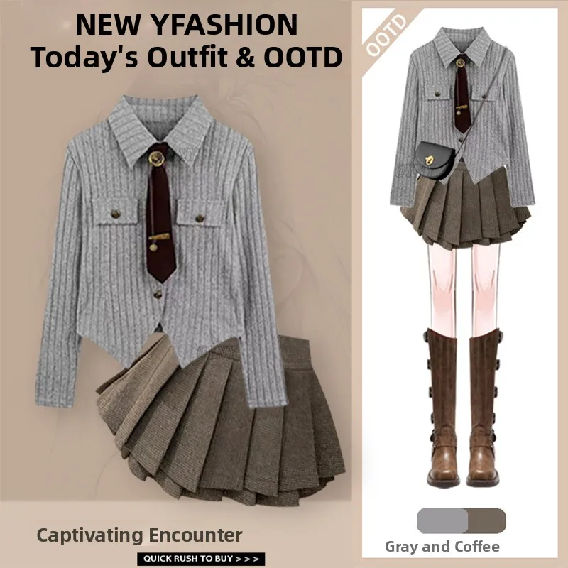 

Autumn Knitted Sweater And Vintage ort Skirt Two-Piece Set for Women Ele Slimming College Sle Faion Ensemble