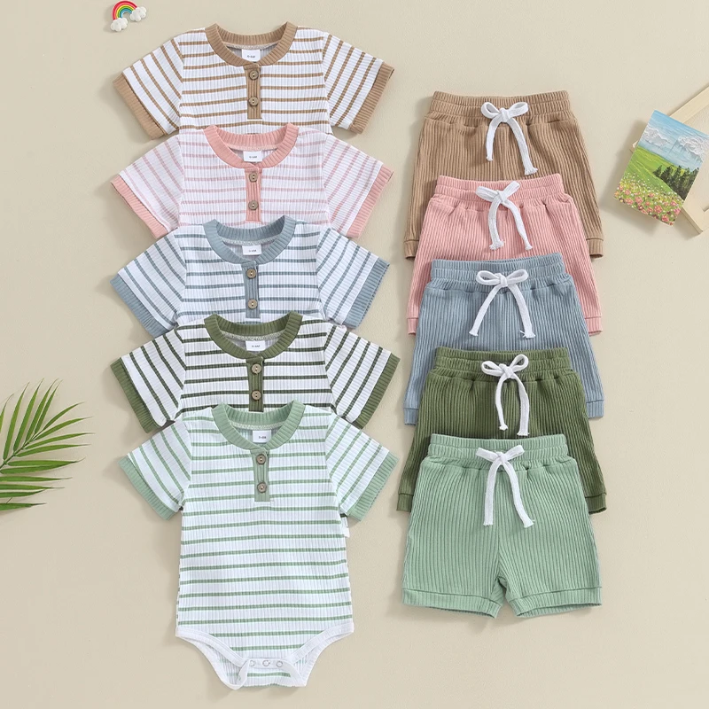 2023-11-18 Lioraitiin Newborn Baby Boy Girl Summer Clothes Striped Short Sleeve Ribbed Romper Tops Elastic Shorts Set Outfits