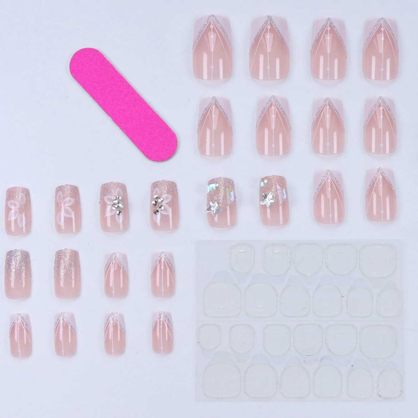 24 pièces français flash bordure blanche fleur de cerisier strass faux ongles ensemble d'ongles blanchissant avec faux ongles détachables pour le Festival