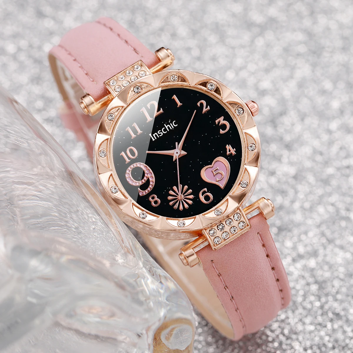 2PCS/Set Fashion Heart Dial Women\'s Watches Leather Band Quartz Watch Rhinestone Bracelet Set