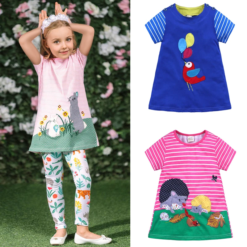 1-6 Years Kids Girls Dress Little Girl Dress Cute Short Sleeve Cartoon T-Shirt Children Casual Catton Dresses Summer New Style