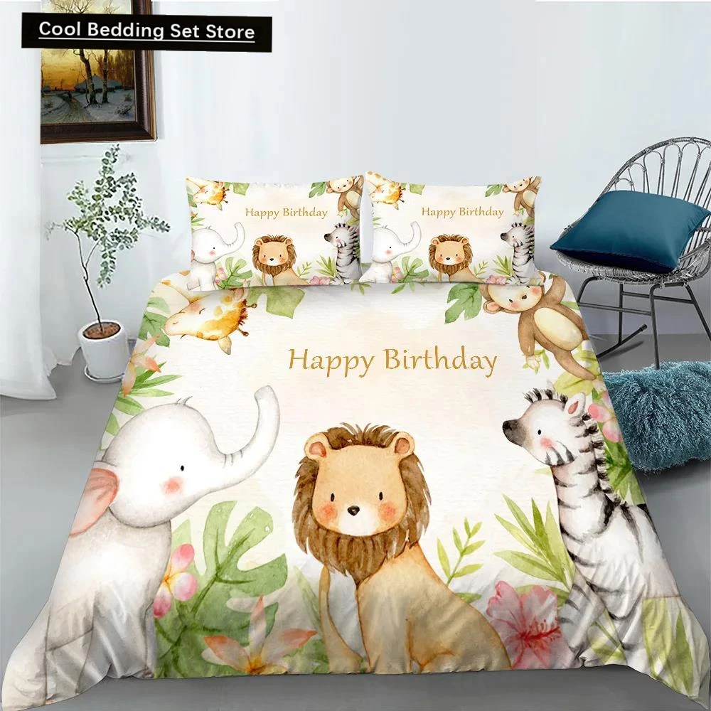 

Cartoon Animal Happy Birthday King Queen Duvet Cover Cute Lion Bedding Set Kids Boys Girls Elephant 2/3pcs Polyester Quilt Cover