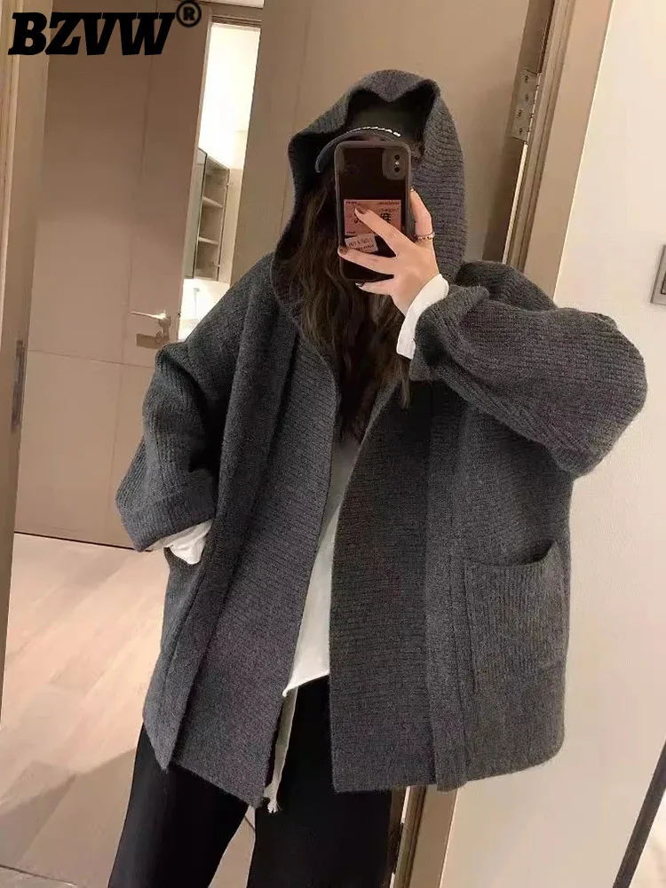 

BZVW Korean Style Knited Cardigan For Women 2025 Autumn New Hooded Long Sleeves Solid Color Pockets Design Sweater 25A8936