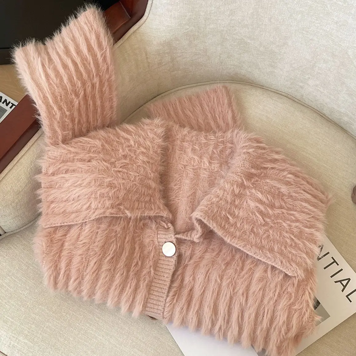 Korejpaa Mink Fur Sweater Jacket Women Autumn Winter New Warm Cardigans Top Elegant Simple Solid Short Knitted Cardigan Clothes