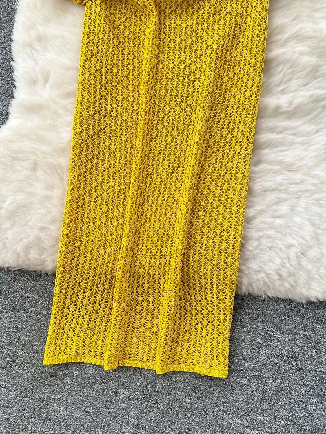 Abito sexy da spiaggia Donna Scollo a V Manica svasata Slim Abiti in maglia cava Estate Solid Boho Casual Abito lungo Abiti