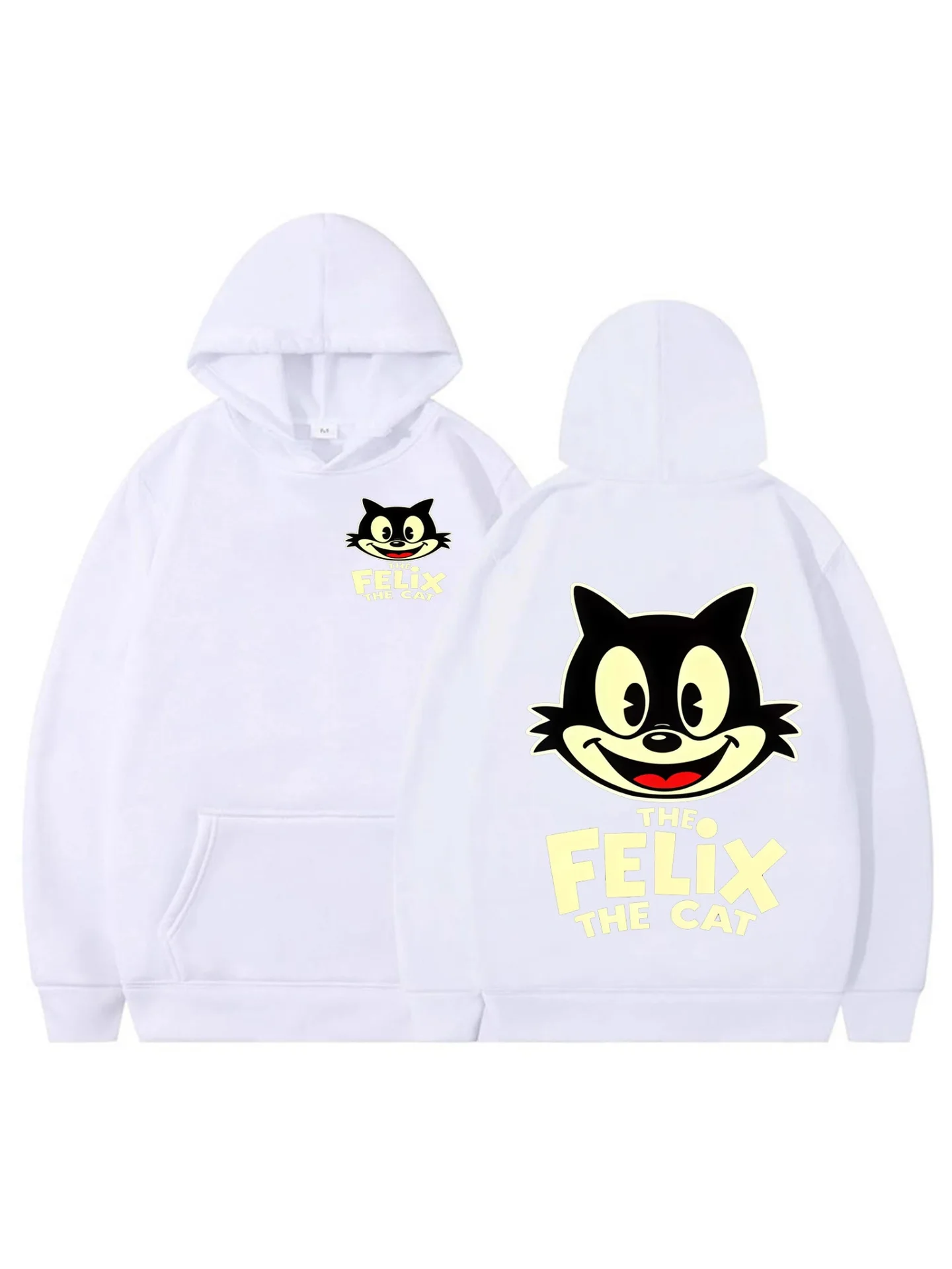 Modisches Felix-Sweatshirt mit Katzenmuster, schwarz, lockere Passform, Kapuzenpullover in Übergröße, klassisches, mit Cartoon-Fleece gefüttertes Sweatshirt – Detail 7
