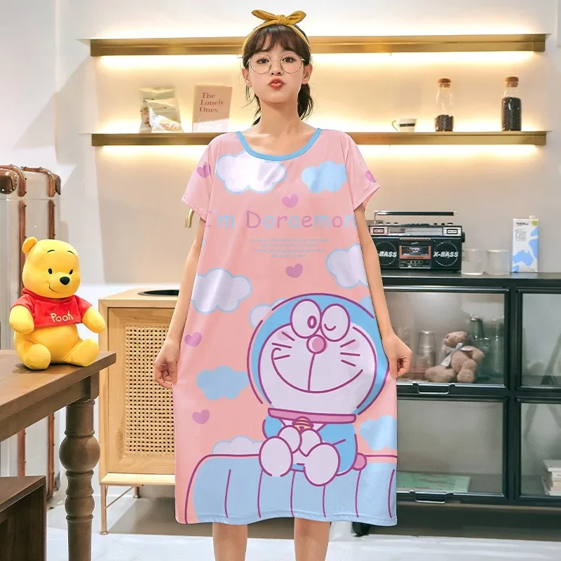 Kawaii Sanrio Summer Coolness Pajama Dressanime Hello Kitty Casual Thin Plus Size Loose Short Sleeve Mid Length Home Clothes